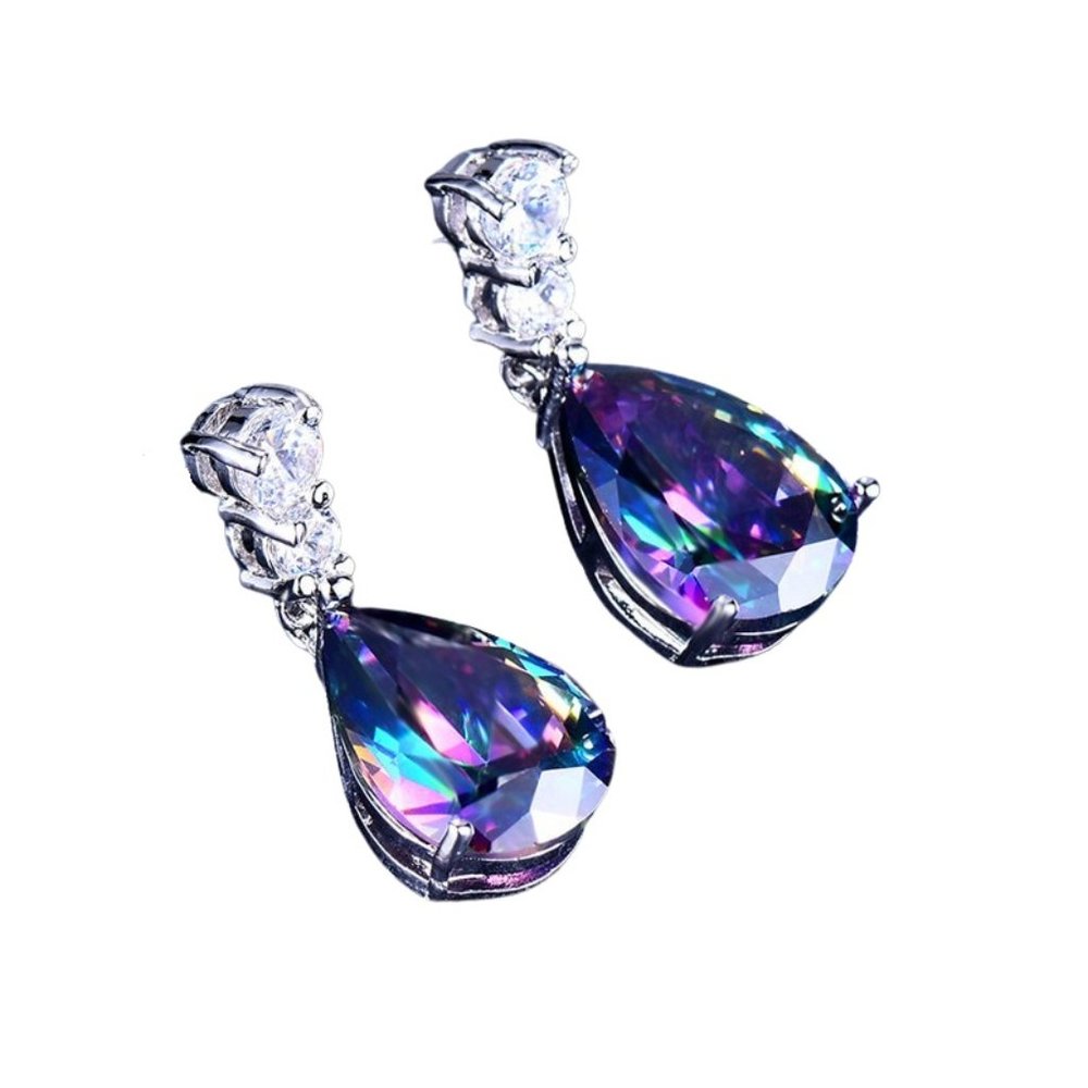 18k White Gold Mystic Rainbow Topaz with Simulated Diamonds Earrings - Picture 2 of 3